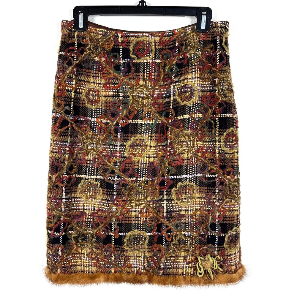 Vintage Y2K Twee Pencil Skirt Brown Tweed Silk Mohair with Fur trim sara jane 6